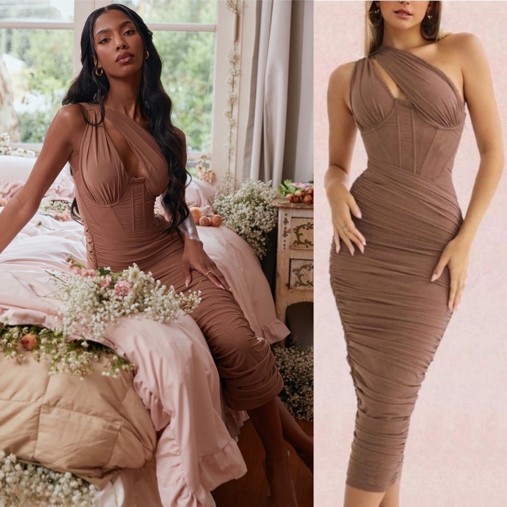 NEW! House Of CB- Valentina Mocha Asymmetrical Cutout Corset Midi Dress Size S